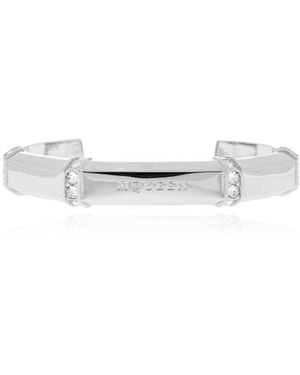 McQueen Logo Engraved Embellished Bracelet - White