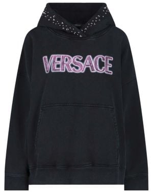 Versace Logo Printed Embellished Hoodie - Black