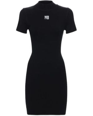 Alexander Wang Viscose Fiber Blended Semi-High Collar Logo Dress - Black