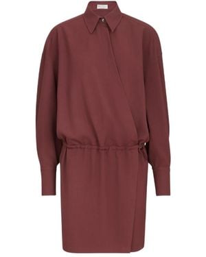 Brunello Cucinelli Virgin Wool Fluid Twill Shirt Dress With Monili - Red