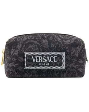 Versace Logo-Embroidered Jacquard Zip-Up Toiletry Bag - Black