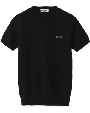 Miu Miu Logo Intarsia Knitted Short-Sleeved Pullover - Black