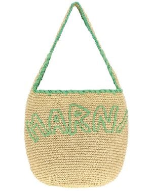 Marni Large Logo-Embroidered Raffia Tote Bag - Metallic