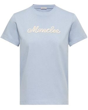 Moncler Logo Embroidery Cotton T-Shirt - Blue