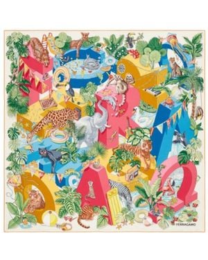 Ferragamo Jungle Party Print Silk Scarf - White