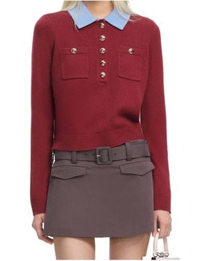 Self-Portrait Button Detail Knitted Polo Top - Red