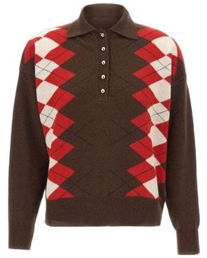 Marella マレラ セコイア アーガイル ニット ポロ セーター - Red