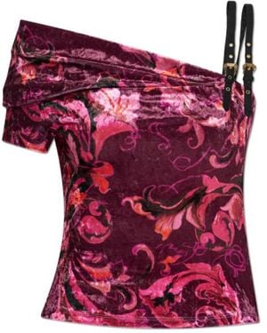 Versace Jeans Couture Couture Barocco Printed Off-Shoulder Velvet Top - Red