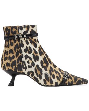 Ganni Leopard Print Pointed-Toe Ankle Boots - Brown