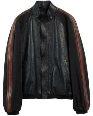 Gucci Leather Bomber Jacket With Web - Black