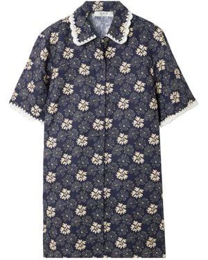 Sea Printed Linen Mini Dress - Blue