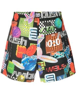 Ambush Graphic-Print Elasticated-Waistband Shorts - Blue