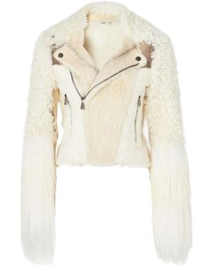 Fendi Blouson Ivory Patchwork Shearling Biker Jacket - White