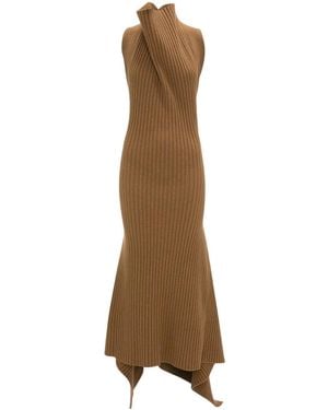 Victoria Beckham Ribbed Draped Midi Dress - Brown