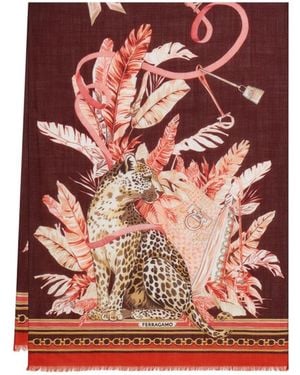 Ferragamo Feline Print Pure Wool Stole - Red