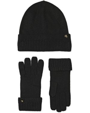Ralph Lauren Cuffed Knit Hat And Gloves Set - Black