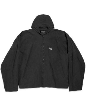 Balenciaga Logo Embroidered Zip-Up Hooded Jacket - Black
