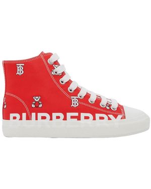 Burberry Logo-Print Cotton Gabardine High-Top Sneakers - Red