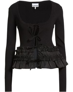 Ganni Solid Color Ribbed Long-Sleeved Top - Black