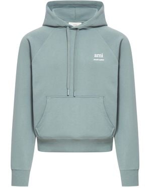 Ami Paris Ami De Coeur Logo-Printed Drawstring Hoodie - Blue