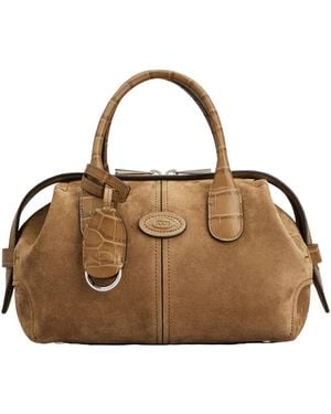 Tod's Croc-Effect Paneled Suede Tote Bag - Brown