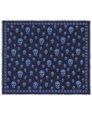 McQueen Skull-Print Frayed Scarf - Blue
