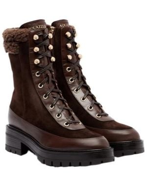 Aquazzura Shearling-Trimmed Suede Lace-Up Boots - Brown