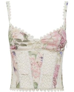 Charo Ruiz Smocked Floral Lace Trim Top - Grey