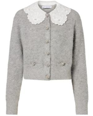 Self-Portrait Embellished Lace-Trimmed Cardigan - Gray