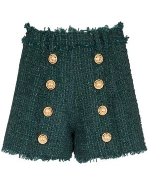 Balmain High-Waist Button-Detailed Tweed Shorts - Green