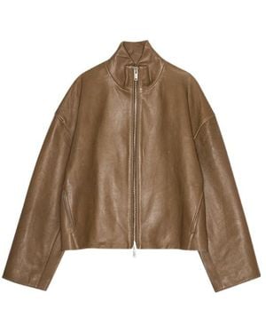 REMAIN Birger Stand Collar Zipper Leather Jacket - Brown