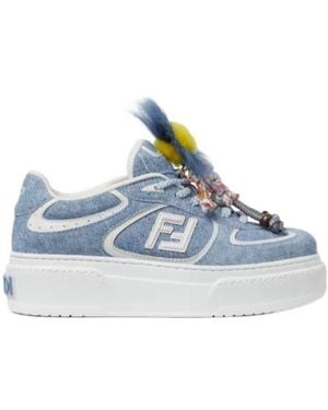 Fendi Denim-Effect Printed Suede Platform Trainers With Charms - Blue