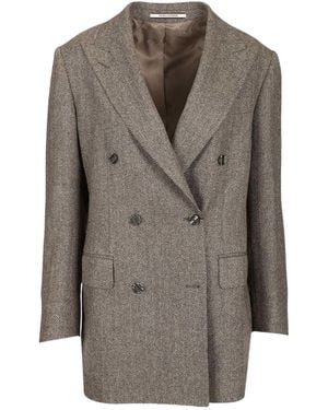 Tagliatore V-Neck Double Breasted Herringbone Blazer - Grey
