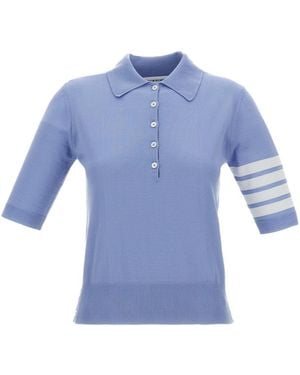 Thom Browne 4-Bar Button Detailed Short-Sleeved Polo Shirt - Blue