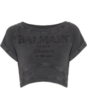 Balmain Logo Embroidered Cropped T-Shirt - Gray
