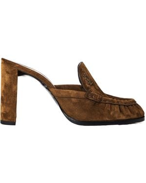 Saint Laurent Suede Mule Shoe - Brown