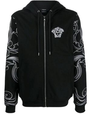 Versace Barocco Logo Embroidered Hooded Casual Jacket - Black
