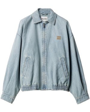 Miu Miu Logo-Detailed Zipped Denim Jacket - Blue