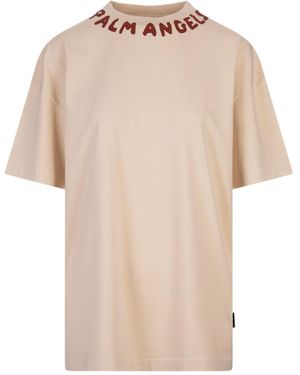 Palm Angels Logo Printed Crewneck T-Shirt - Natural