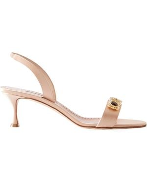 Manolo Blahnik Embellished Satin Slingback Sandals - Natural
