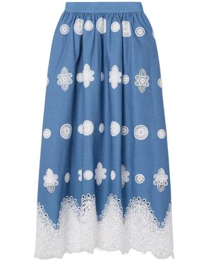 Borgo De Nor Rhea Crocheted Lace-Trimmed Chambray Midi Skirt - Blue