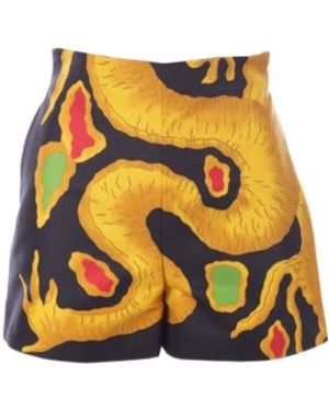 Valentino Dragon-Print High-Waisted Shorts - Yellow