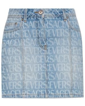 Versace Low-Rise Logo-Printed Denim Mini Skirt - Blue