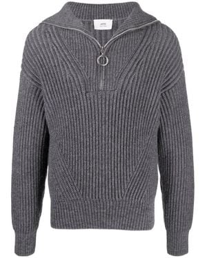 Ami Paris Half-Zip Ribbed-Knit Sweatshirt - Grey