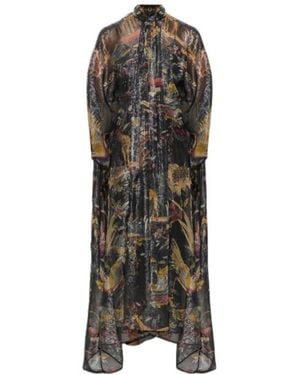 Etro Long Silk Dress With Cape Detail And Flower And Animal Motif - Multicolor