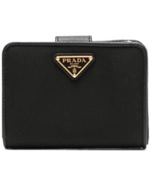 Prada Enamel Triangle-Logo Bi-Fold Wallet - Black