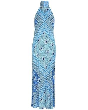 RIXO London Geometric Print Halter-Neck Long Dress - Blue