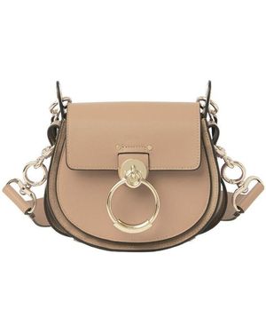 Chloé Chloé Tess Logo Embossed Ring Embellished Shoulder Bag - Natural