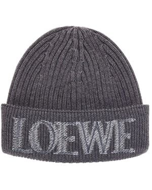 Loewe Logo Embroidered Ribbed-Knit Beanie - Gray