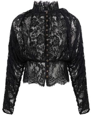 Self-Portrait Cropped Lace Button-Front Top - Black